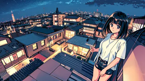 night view like a photo　from the rooftop　young girl　black hair　ヘッドホン