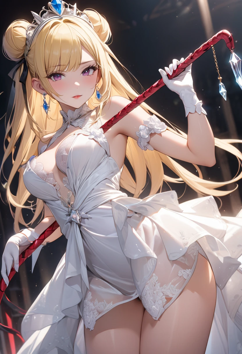 ((masterpiece)), (Textured Skin), ((High Detail)), best quality, The award-winning, 8K, Beautiful woman, Silk dress, noble, Princess, Queen, Blonde, Half bun, Hair flap, jewelled headdress, Crystal Earrings, s((best quality)), 1 Girl, Succubus，Holding a whip