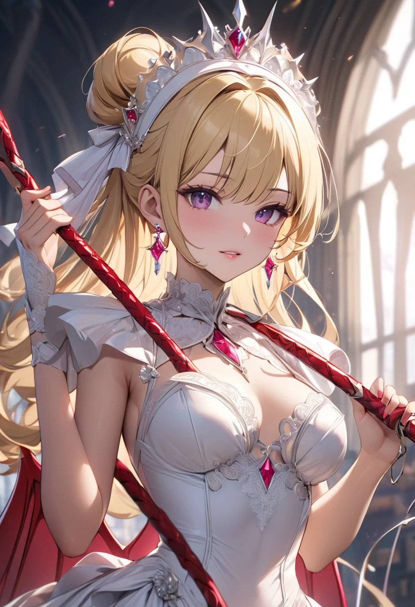 ((masterpiece)), (Textured Skin), ((High Detail)), best quality, The award-winning, 8K, Beautiful woman, Silk dress, noble, Princess, Queen, Blonde, Half bun, Hair flap, jewelled headdress, Crystal Earrings, s((best quality)), 1 Girl, Succubus，Holding a whip