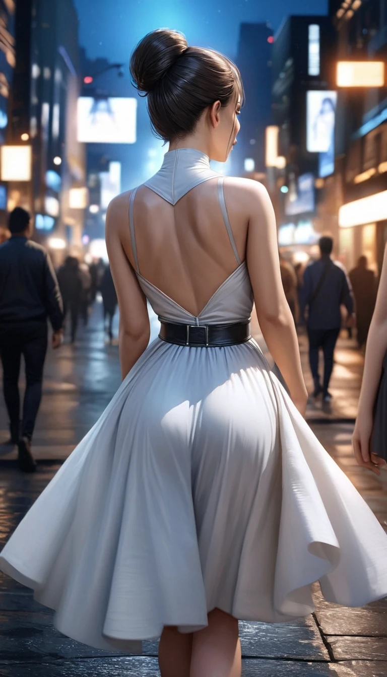 (best quality,4k,8k,highres,masterpiece:1.2),ultra-detailed,realistic,photorealistic:1.37,a woman in white dress and black top posing for a photo on the street at night,city street background,blue background,blue foreground,depth of field,from behind,looking at the audience,glancing back,dress,a woman standing at a street corner wearing a black top and white dress,high neck and black belt,city lights,lamp,motion blur,nighttime,decorated