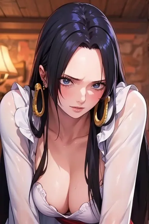 Boa Hancock from One Piece, detailed face, beautiful blue eyes, small smile, wears earrings; big breasts, cleavage, loose and st...