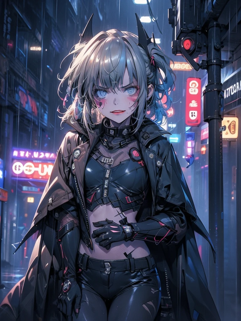 A girl in a Batsuit, standing confidently on a rain-soaked street in Gotham City at night, her stern expression and billowing cape creating a gritty, dystopian atmosphere, neon lights casting an eerie glow, highly detailed, 8k, hyper realistic, cinematic lighting, dramatic angles, moody colors, masterpiece