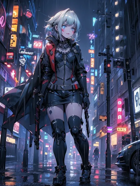 a girl in a batsuit, standing confidently on a rain-soaked street in gotham city at night, her stern expression and billowing ca...