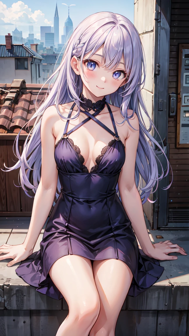 Beautiful woman, Navy blue dress, The background is the rooftop of a building, Disheveled long hair, make out, A kind smile, Light purple hair, Ultra HD, Realistic, Bright colors, Attention to detail, UHD rendering, Perfect composition, 美しくAttention to detail複合施設、closed eyes、small breast
