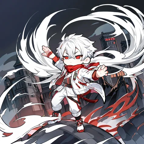 1 chibi character guy white hair, wearing red scraf and shirt with white jacket , cool pose, cool guy ,apocalypse buildings bg