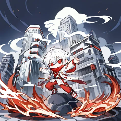 1 chibi character guy white hair, wearing red scraf and shirt with white jacket , cool pose, cool guy ,apocalypse buildings bg