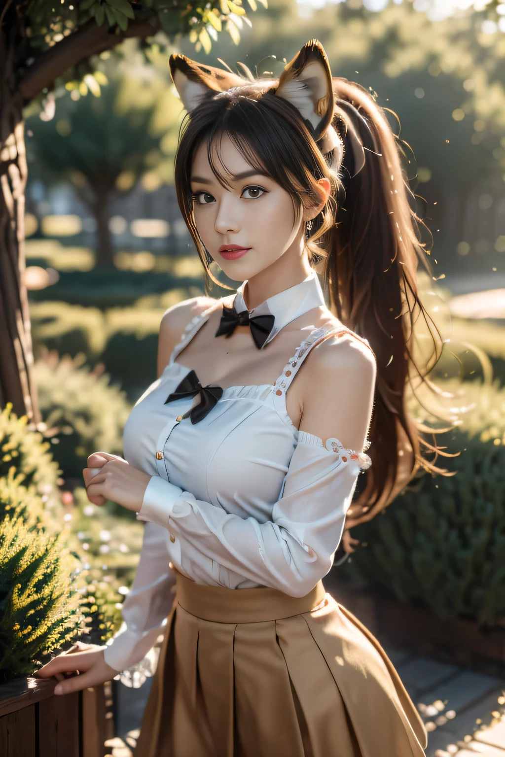 masterpiece, best quality, Ultra DeTailed, RAW photos, (Reality:1.4), High-speed rail Dingyun line, 1 Girl, Solitary, Bangs, (Fox ears), Medium breasts, Garment cutting, cleveage cutout, Animal ears, Fox Girl, brown skirt, ponyTail, bow tie, skirt, (bracelet), Jewelry, cleveage, Separate sleeves, (blue bracelet), White sleeves, shirt, sleeveless shirt, Gold trim, brown skirt, (Tail, fox Tail), earrings, Dynamic Angle, Outdoor deep forest