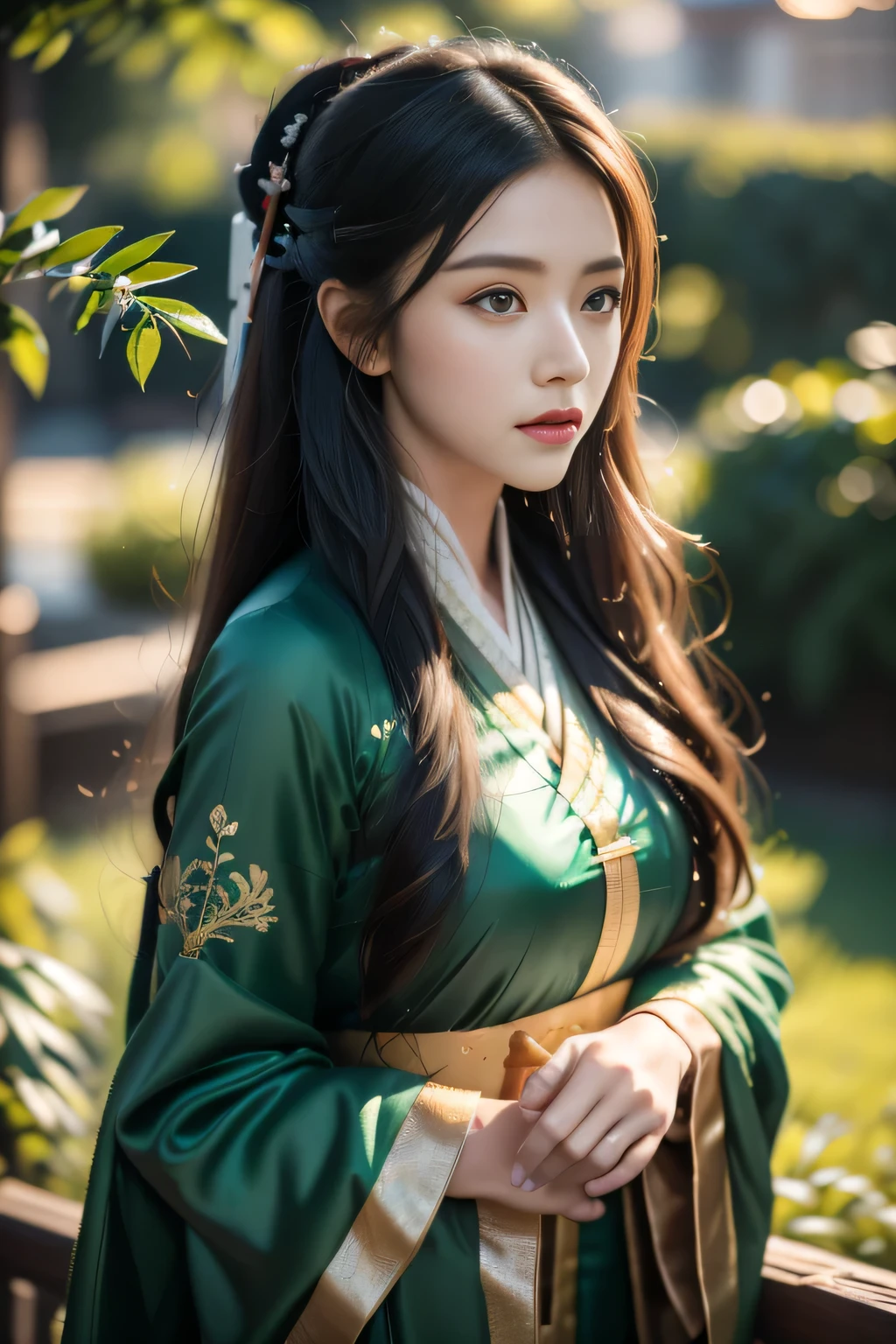 1 girl, Actress, Handsome, Ink splash, Chinese armor, (Upper Body), Black Hair, Flowing hair, Exquisite eyes, Black and green ancient silk Hanfu, Field of view, (F1.8), (masterpiece), (Portraits), front Photo, White background, (poster), arms