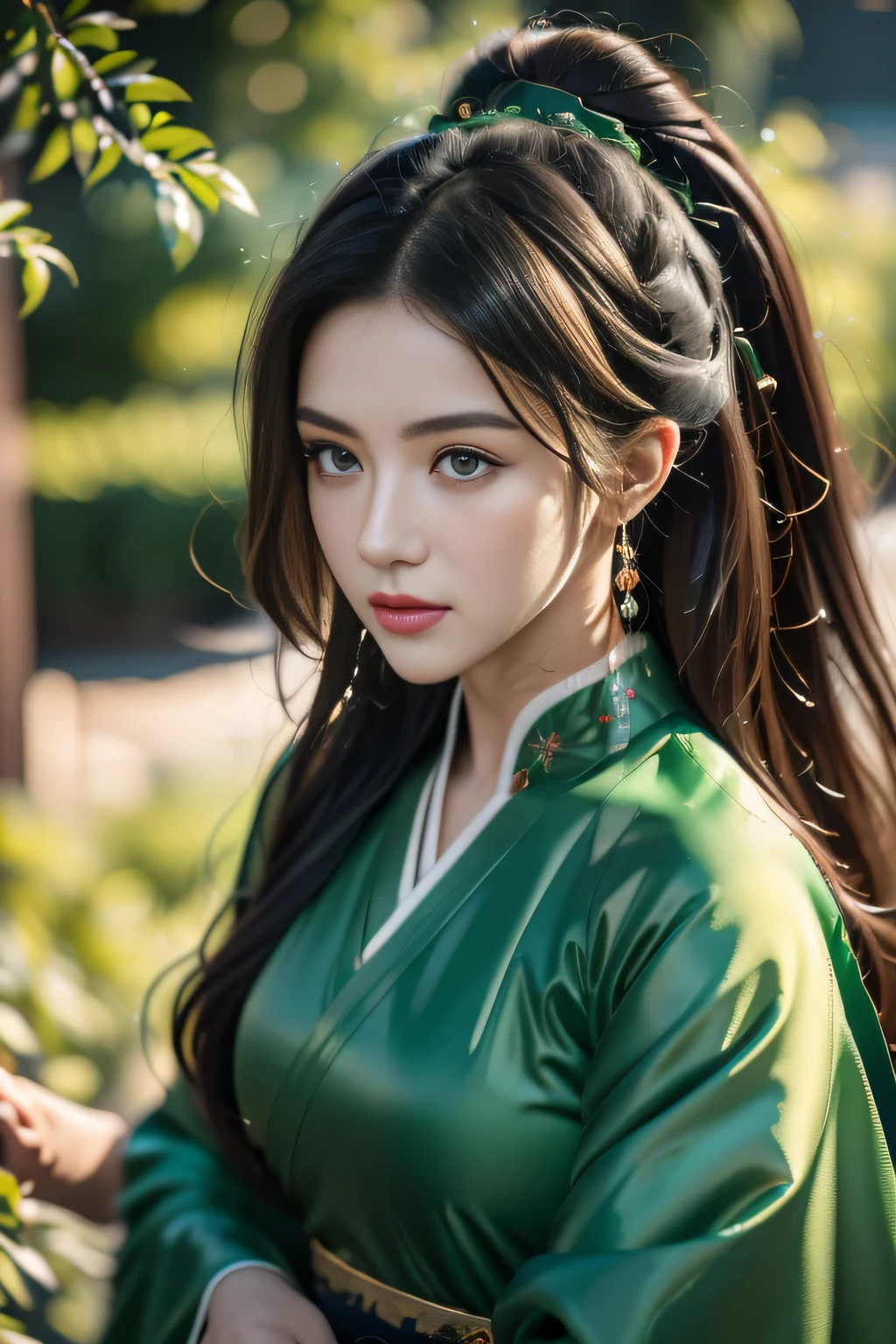 1 girl, Actress, Handsome, Ink splash, Chinese armor, (Upper Body), Black Hair, Flowing hair, Exquisite eyes, Black and green ancient silk Hanfu, Field of view, (F1.8), (masterpiece), (Portraits), front Photo, White background, (poster), arms