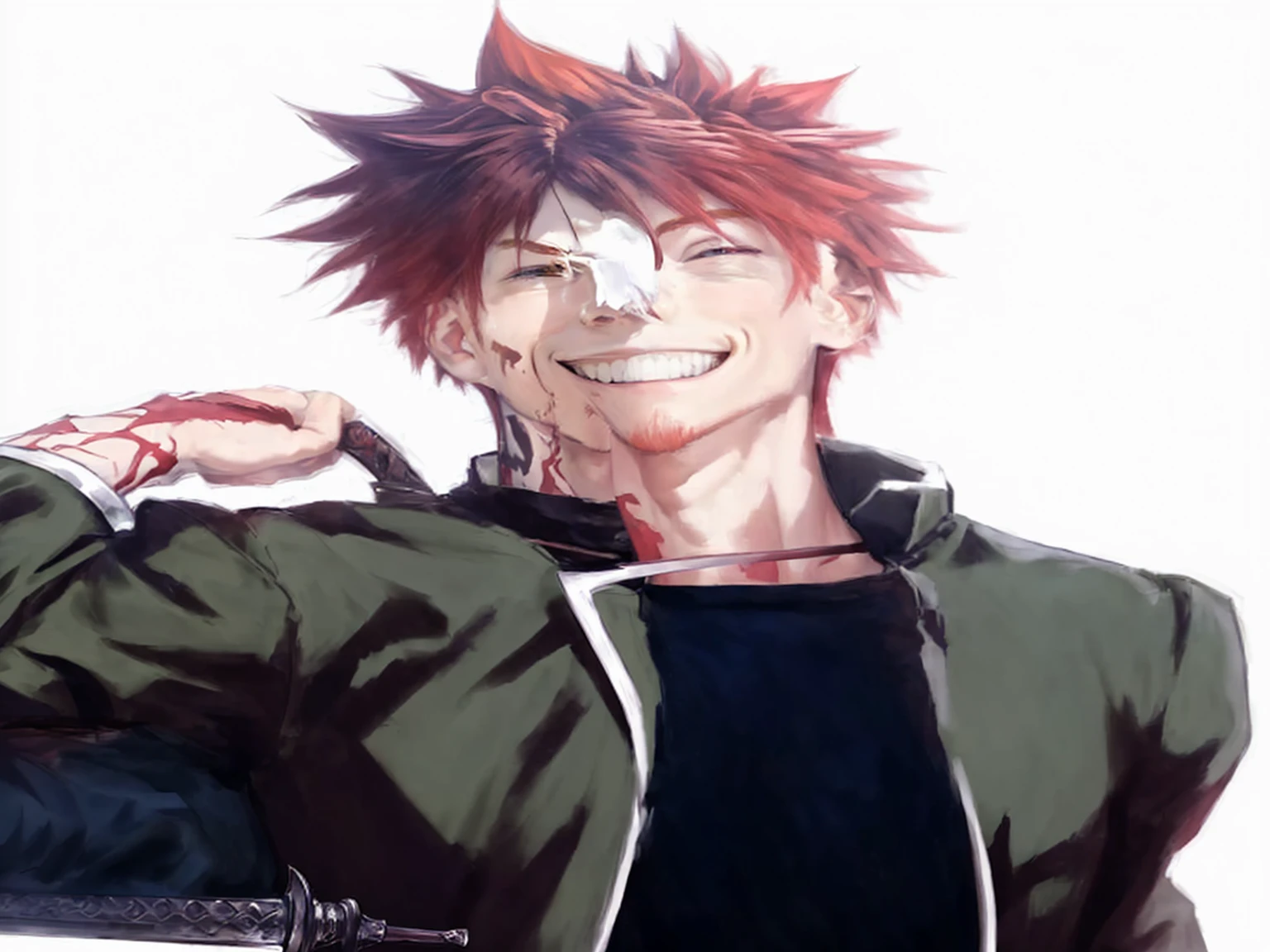 1 boy, red hair, , smiling and holding his sword behind his back - SeaArt AI