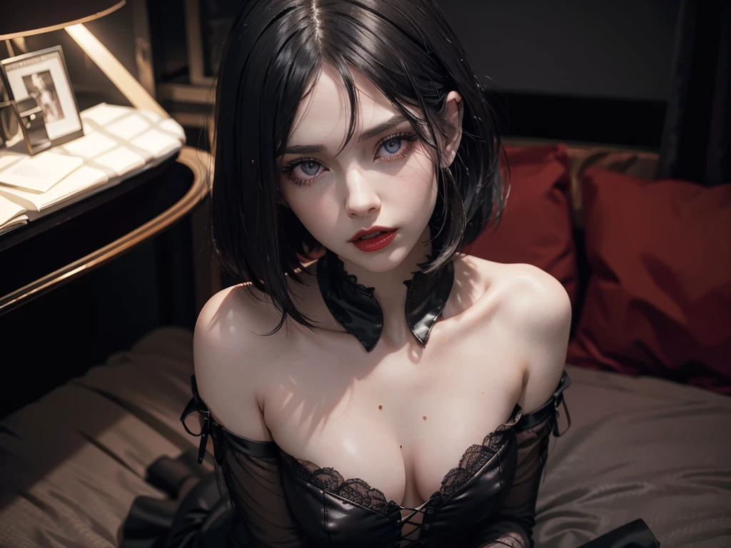 (best quality,highres),(realistic:1.37),dark,goth,woman, eyes,detailed face,black clothes,bobcut black hair,straight bangs,pale skin,red lipstick,intense expression,mysterious atmosphere,gothic background,dim lighting,night,vivid colors, fishnets, topless, fullbody, on her hands and knees, submissive girl, thick thigs, imminent deepthroat, cumshot pose,