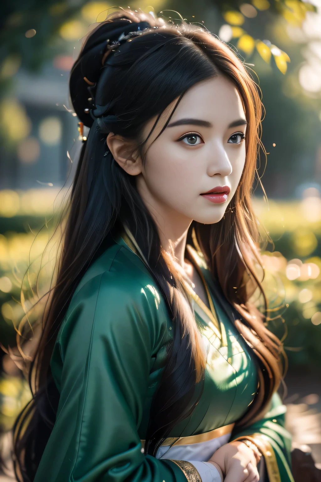 1 girl, Actress, Handsome, Ink splash, Chinese armor, (Upper Body), Black Hair, Flowing hair, Exquisite eyes, Black and green ancient silk Hanfu, Field of view, (F1.8), (masterpiece), (Portraits), front Photo, White background, (poster), arms