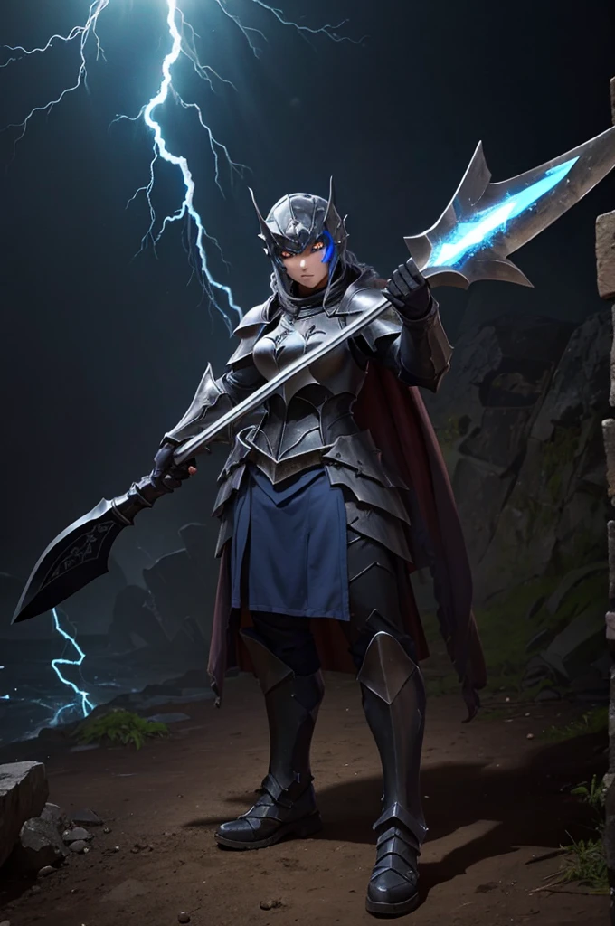 knightgirl, dark armor with blue flames, holding an ax decorated with lightning