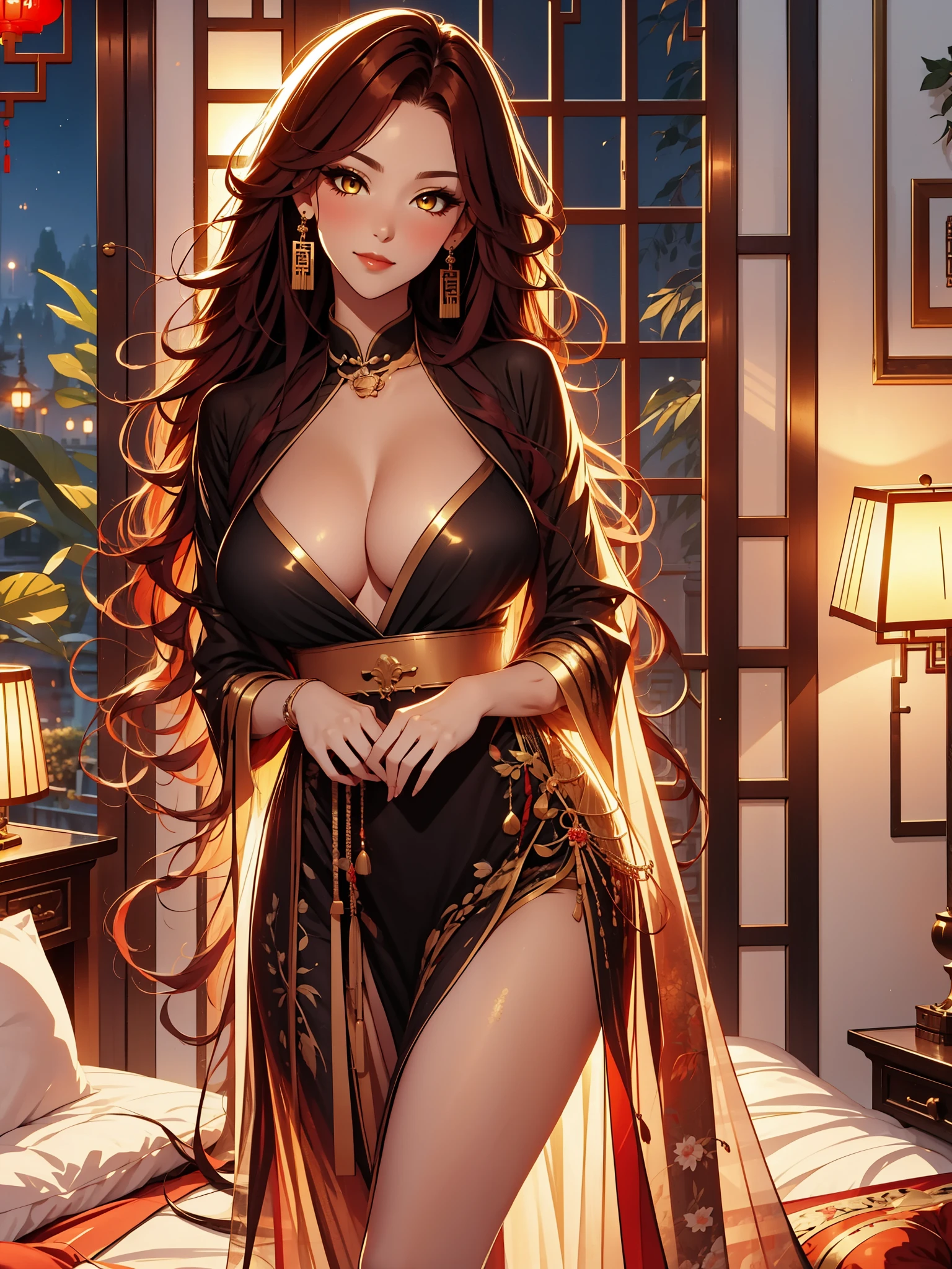 beautiful, Mark, Queen Mark, black dress, deep décolleté, wavy red hair, golden eyes, Good, sexy, sensual, chinese room, night, smiles, facial redness