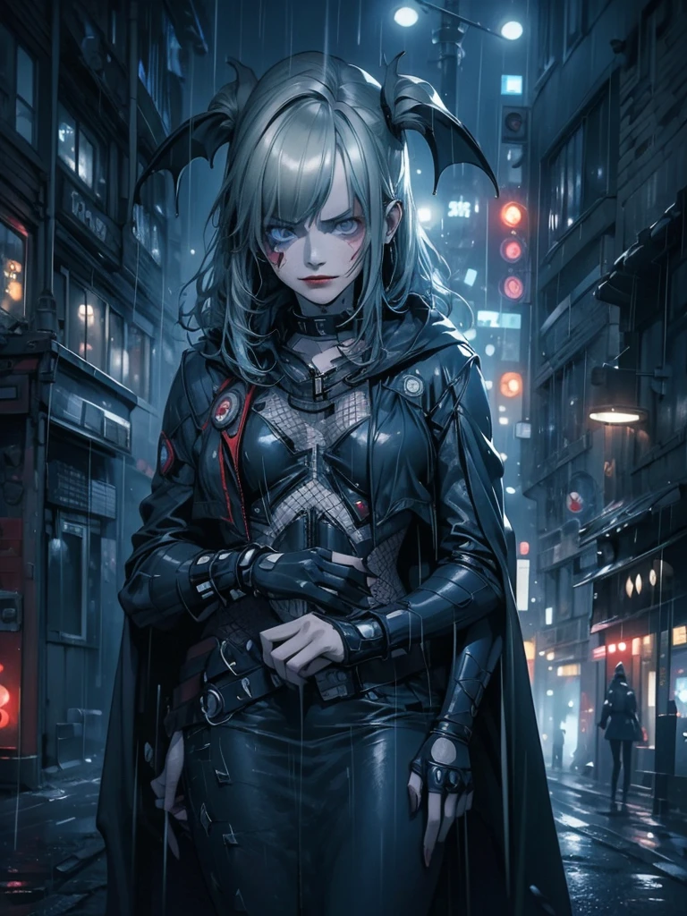 A girl in a Batsuit, standing confidently on a rain-soaked street in Gotham City at night, her stern expression and billowing cape creating a gritty, dystopian atmosphere, neon lights casting an eerie glow, highly detailed, 8k, hyper realistic, cinematic lighting, dramatic angles, moody colors, masterpiece