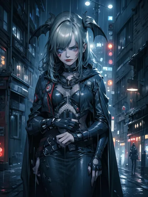 A girl in a Batsuit, standing confidently on a rain-soaked street in Gotham City at night, her stern expression and billowing ca...