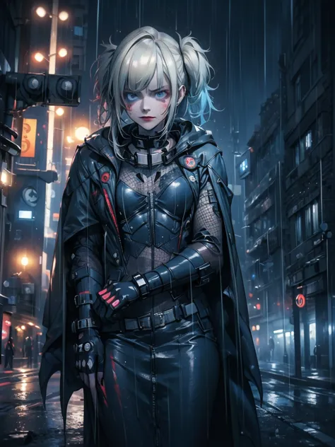A girl in a Batsuit, standing confidently on a rain-soaked street in Gotham City at night, her stern expression and billowing ca...