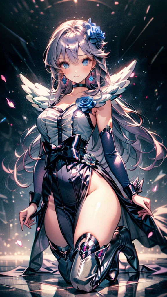 (Highly detailed CG), (Highest quality),((full body))，1 Girl,alone, leotard，Purple Hair，black choker, earrings, blue flower, magical girl, waist bow, cure moonlight dress, jewelry, flower, wrist cuffs, single elbow glove, boots, eyelashes,Perfect Face,  Shiny skin, Shiny skin, Wide Hips,Tight waist,Knee-high boots，Elbow Bag,1 Girl, Long Hair, 