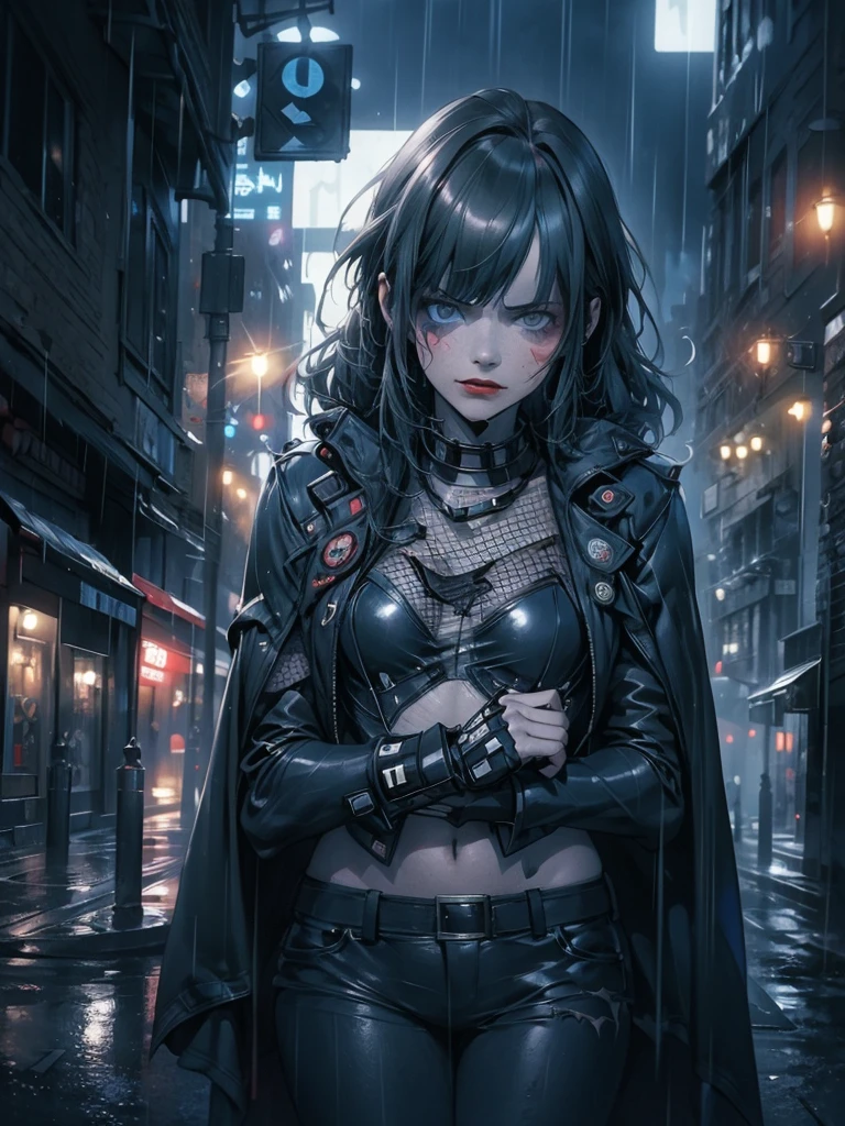 A girl in a Batsuit, ultra-detailed, 8k, hyper realistic, cinematic lighting, dramatic angles, moody colors, masterpiece, standing confidently on a rain-soaked street in Gotham City at night, stern expression, billowing cape, gritty dystopian atmosphere, neon lights, eerie glow