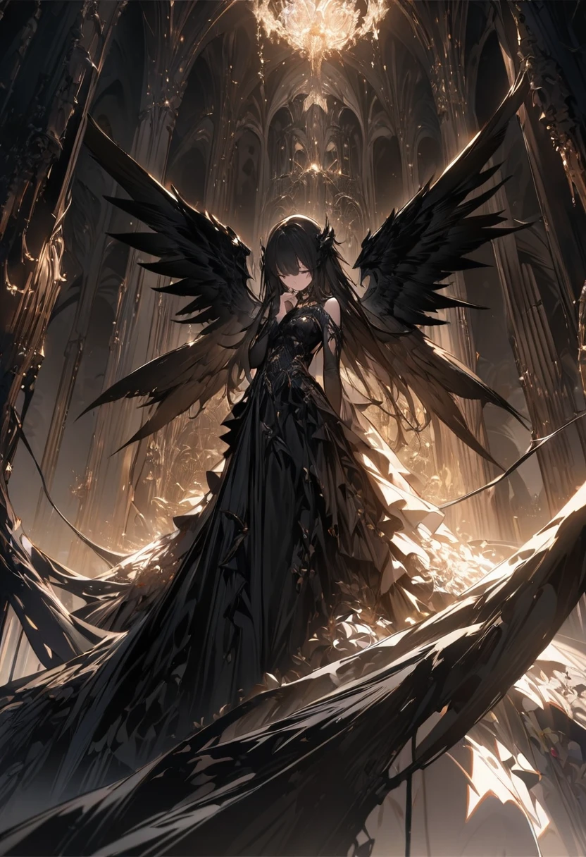 concept is A girl's fallen angel,wearing black clothes and has black wings,She lies face down on the top floor of the tower and puts her hands on her chin and looks down at the lower world.masterpiece,best quality,ultra-detailed, illustration, detailed light,an extremely delicate and beautiful,Darkness