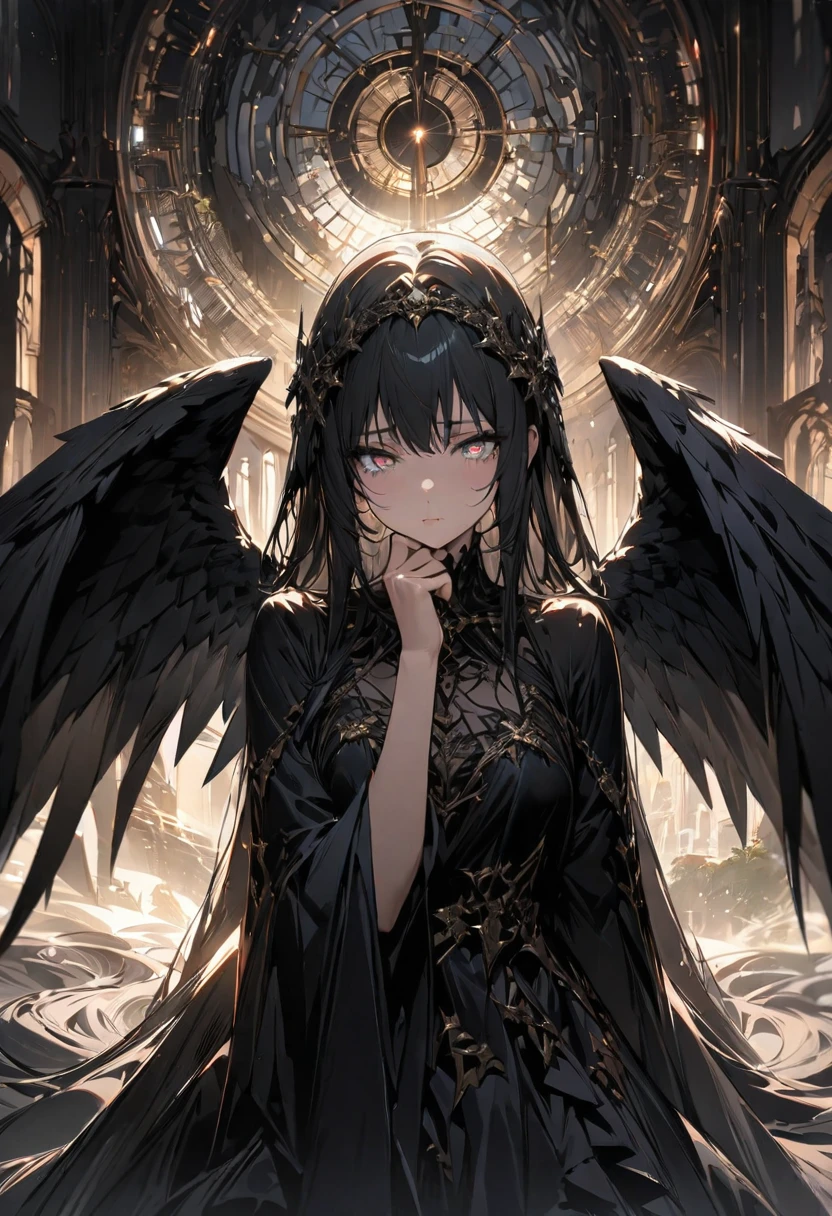 concept is A girl's fallen angel,wearing black clothes and has black wings,She lies face down on the top floor of the tower and puts her hands on her chin and looks down at the lower world.(((masterpiece))), (((best quality))), ((ultra-detailed)), (illustration), (detailed light),((an extremely delicate and beautiful)),(beautiful detailed eyes),Darkness