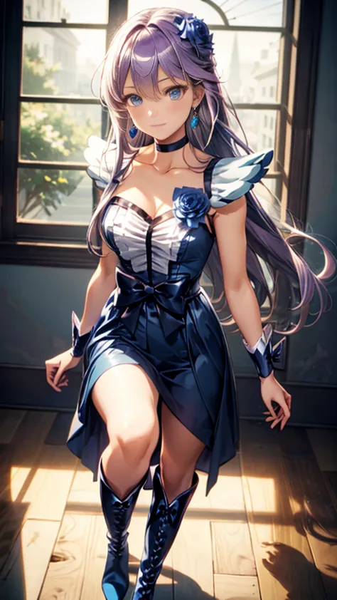 (highly detailed cg), (highest quality),((full body))，1 girl,alone, leotard，purple hair，black choker, earrings, blue flower, mag...