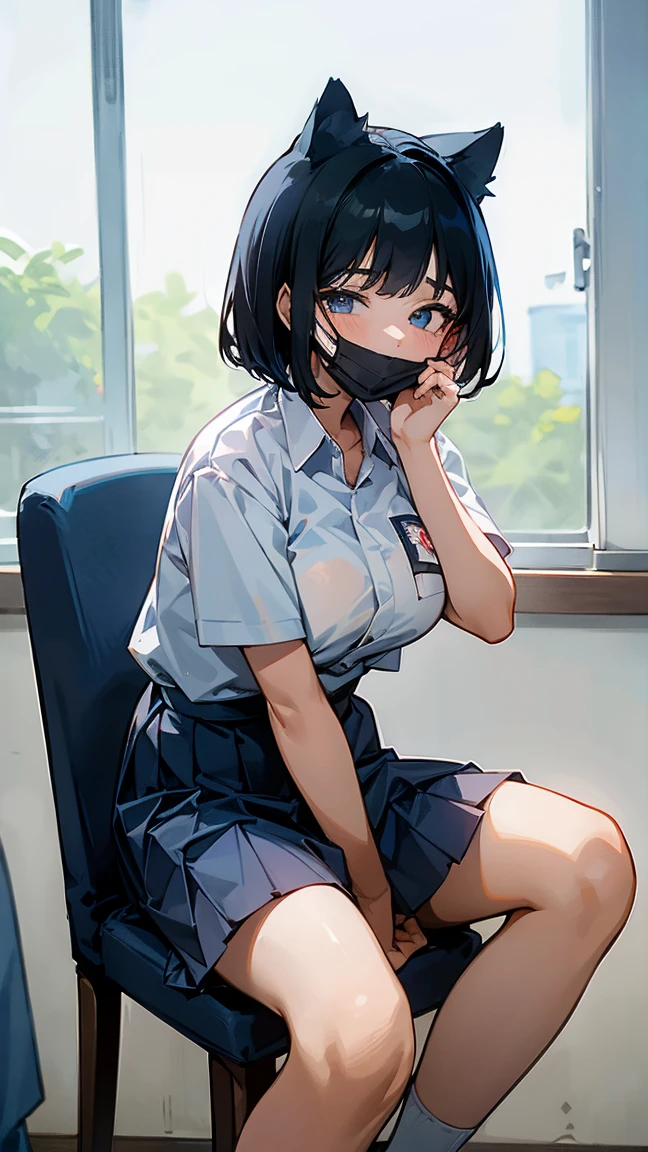 1 woman, 17 years old, (Korean Wolf Cut haircut, black hair), scared face expression, plump body, blue eyes, Indonesian high-school uniform, (wearing transparent white shirt, showing bra), osis logo on shirt pocket, huge XL breasts, light-grey pleated skirt, sitting on a chair, seductive pose, full body shot, smiling, in the classroom, ((white mask_pull)).