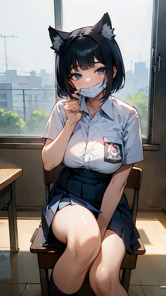 1 woman, 17 years old, (Korean Wolf Cut haircut, black hair), scared face expression, plump body, blue eyes, Indonesian high-school uniform, (wearing transparent white shirt, showing bra), osis logo on shirt pocket, huge XL breasts, light-grey pleated skirt, sitting on a chair, seductive pose, full body shot, smiling, in the classroom, ((white mask_pull)).