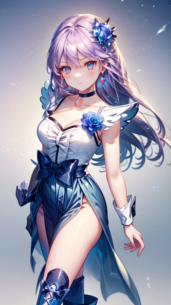 (Highly detailed CG), (Highest quality),((full body))，1 Girl,alone, leotard，Purple Hair，black choker, earrings, blue flower, magical girl, waist bow, cure moonlight dress, jewelry, flower, wrist cuffs, single elbow glove, boots, eyelashes,Perfect Face,  Shiny skin, Wide Hips,Tight waist,Knee-high boots，Elbow Bag,1 Girl, Long Hair, (((Cowboy Shot,Dynamic Angle)))