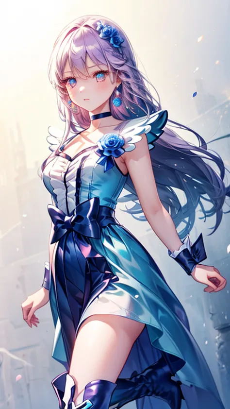 (highly detailed cg), (highest quality),((full body))，1 girl,alone, leotard，purple hair，black choker, earrings, blue flower, mag...