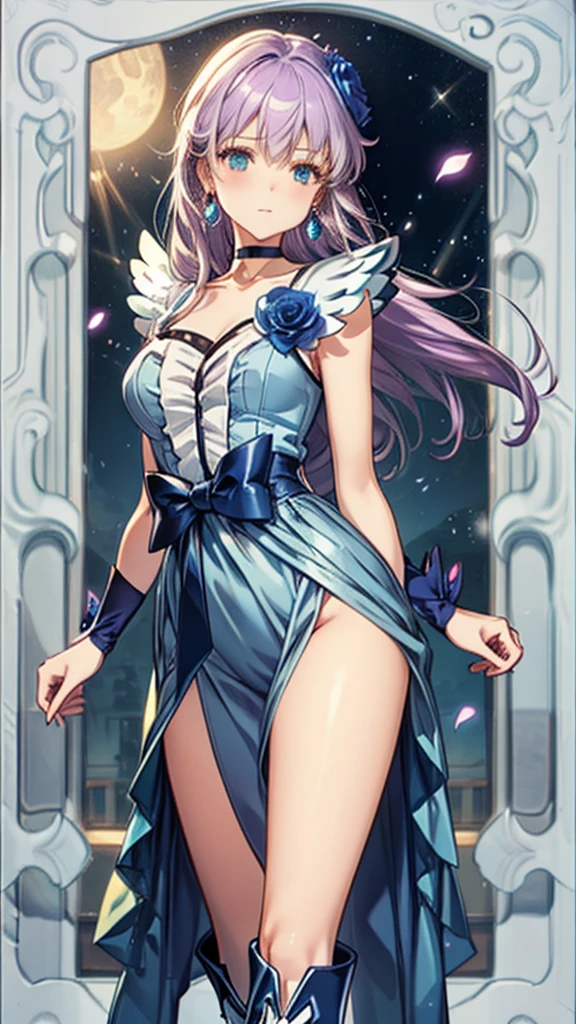 (Highly detailed CG), (Highest quality),((full body))，1 Girl,alone, leotard，Purple Hair，black choker, earrings, blue flower, magical girl, waist bow, cure moonlight dress, jewelry, flower, wrist cuffs, single elbow glove, boots, eyelashes,Perfect Face,  Shiny skin, Wide Hips,Tight waist,Knee-high boots，Elbow Bag,1 Girl, Long Hair, (((Cowboy Shot,Dynamic Angle)))