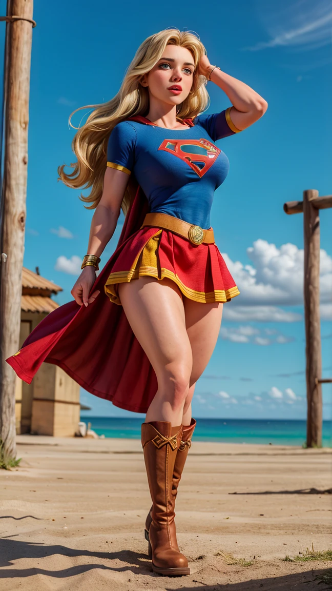 8K, Ultra HD, Super details, high quality, High resolution. The heroine Supergirl looks beautiful in a full-length photo, her body is sculptural, her long wavy blonde hair is radiant in a perfect combination with her white skin, her bright blonde eyes mesmerize everyone. She is wearing her heroine outfit, a red skirt with a yellow belt, a very tight blue t-shirt with a big red S on the chest, Elta also wears a red cape and red boots. she looks very sexy drawing attention to her big breasts and thick legs as she flies through the sky