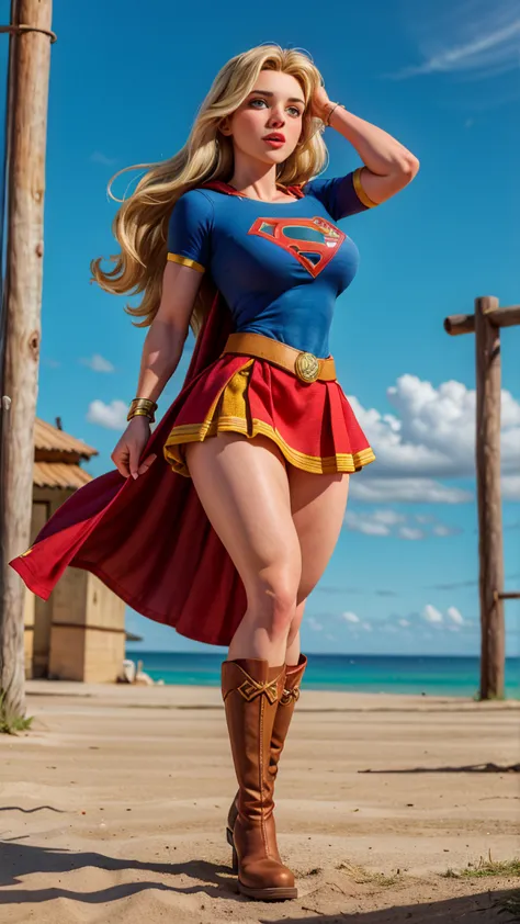 8k, ultra hd, super details, high quality, high resolution. the heroine supergirl looks beautiful in a full-length photo, her bo...