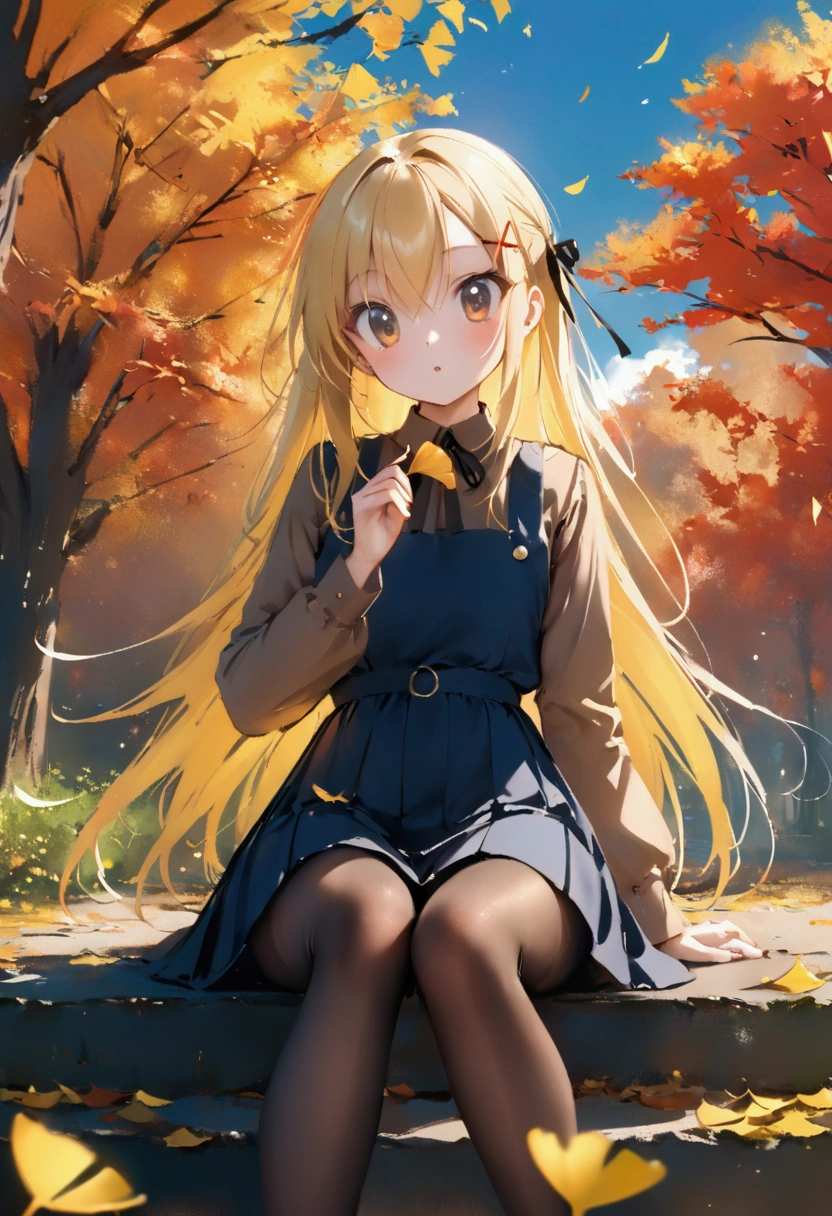 masterpiece,best quality,high quality,(colorful),[Artist miwano rag],[Artist toosaka asagi],[Artist wlop],[Artist chen bin],loli,1girl, 独奏, autumn leaves, long hair, outdoors, leaf, autumn, blonde hair, sitting, holding leaf, holding, looking at viewer, hair ornament, tree, long sleeves, bangs, x hair ornament, dress, pantyhose, day, plaid, shirt, parted lips, ginkgo leaf, blush, brown eyes, boots, very long hair, falling leaves, maple leaf, blue dress, between legs, brown pantyhose, hairclip, pinafore dress, brown shirt, hand between legs, sky, feet out of frame, brown footwear, floating hair.Glasses