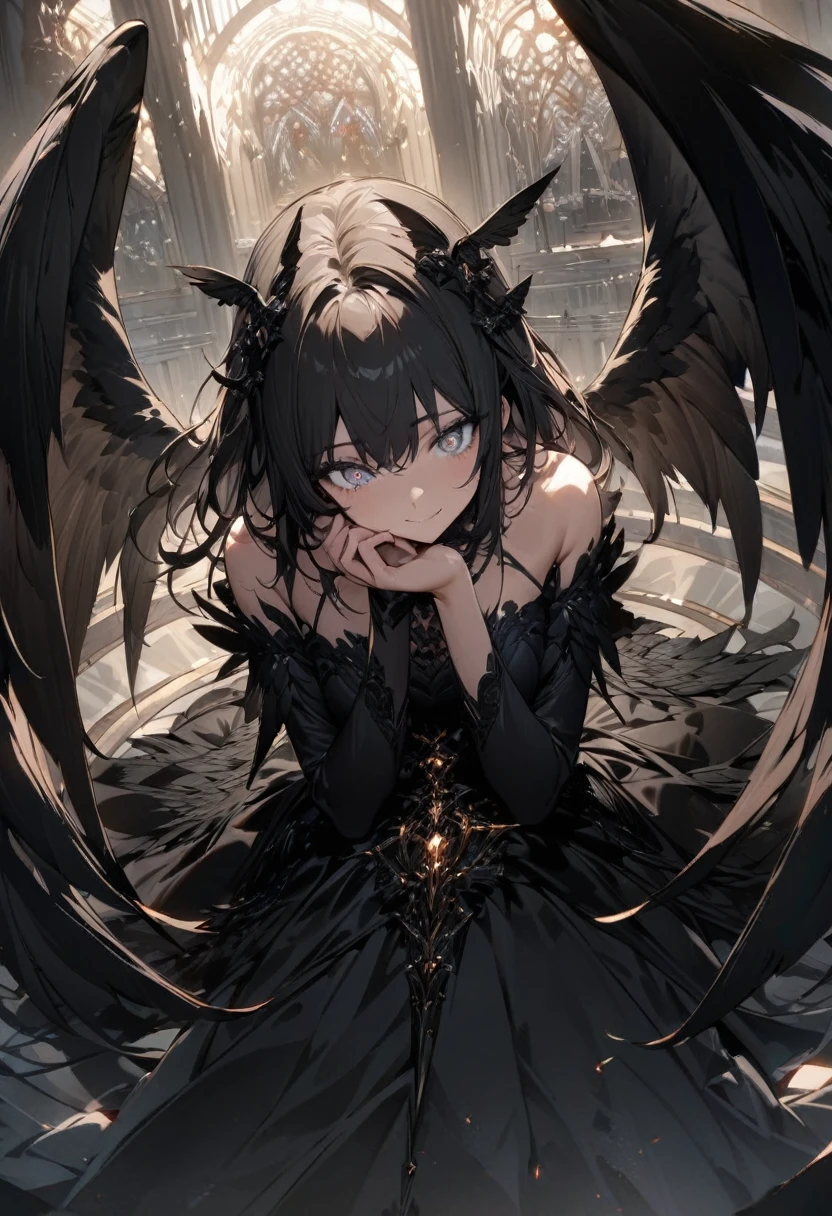 concept is A girl's fallen angel,wearing black clothes and has black wings,She lies face down on the top floor of the tower and puts her hands on her chin and looks down at the lower world.An invincile smile,(((masterpiece))), (((best quality))), ((ultra-detailed)), (illustration), (detailed light),((an extremely delicate and beautiful)),(beautiful detailed eyes),Darkness