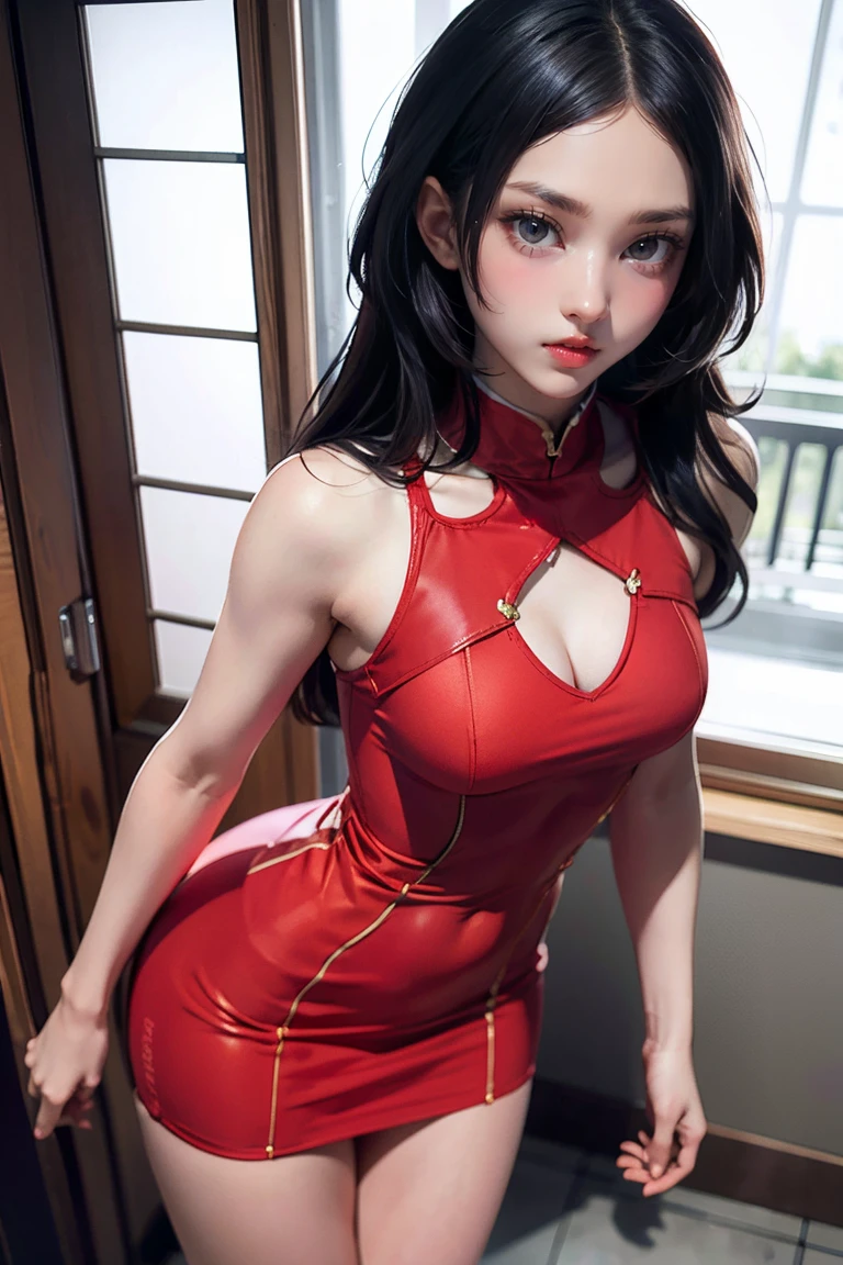 girl, Black Hair, (1980s style), ((Red sleeveless tight dress)), Big Breasts,Long Hair, (Browsing Caution:1.0),背の高いSupermodel、Long-legged Supermodel、Supermodel,((Highest quality、Best image quality、Ultra-high resolution、Ultra-high resolutionで描画、Very beautiful adult Nordic woman、Strong eye highlights)),Browsing Caution,(See through)