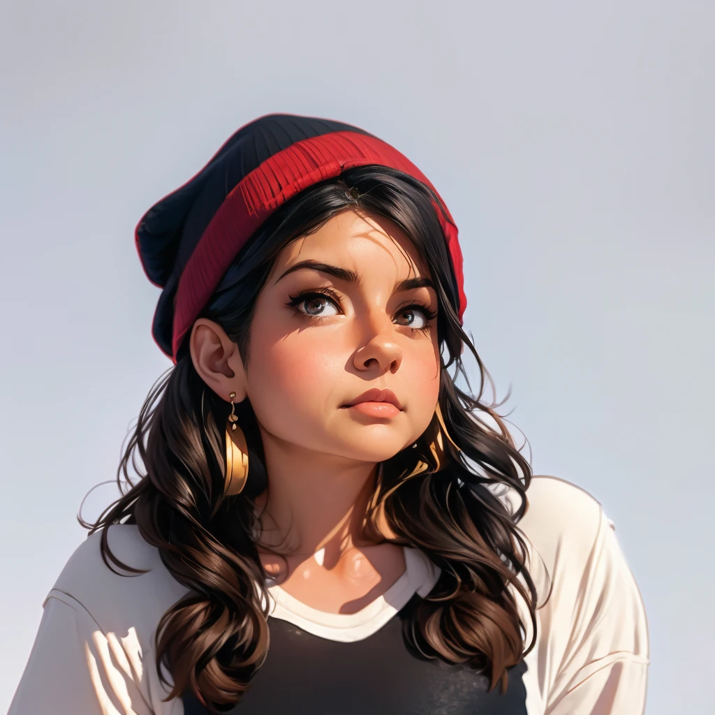 1girl, solo, long hair, black hair, written clothes, brown eyes, looking at the viewer, beanie, lips, upper body, closed mouth, shirt, earrings, (white background), ilyakuvshinov, painterly style, cinematic composition, semi-realistic, limited color palette