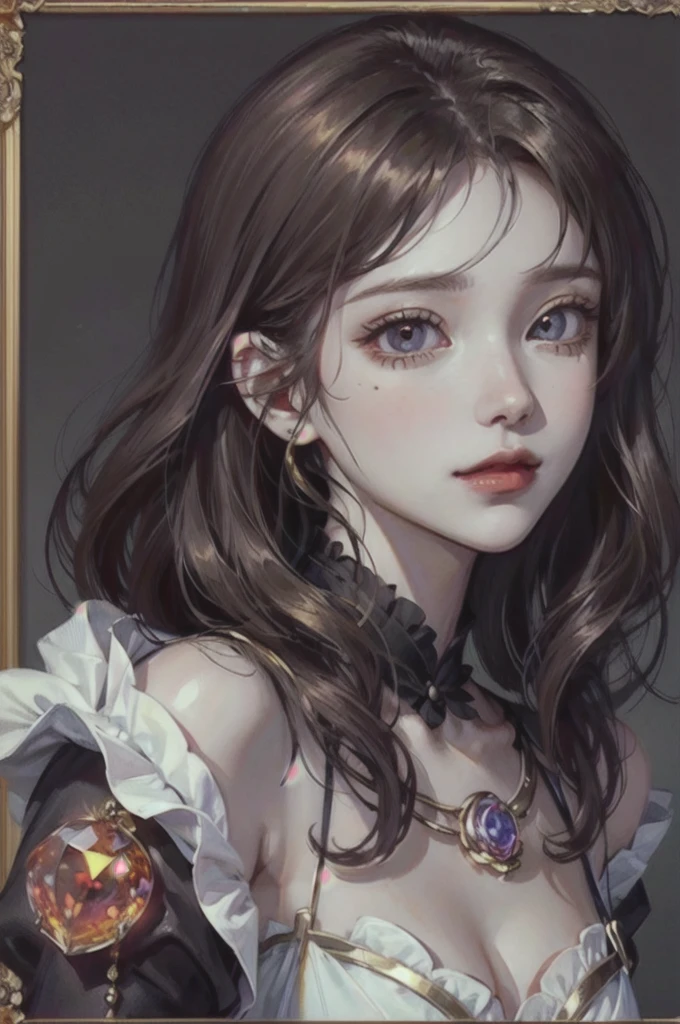 I'd like a headshot portrait of a Noble girl, around 21 years old, with ((rosy gold wavy hair: 1.2)), ((Padparadscha sapphire doe eyes: 1.2)), and ((porcelain skin: 1.0)). , cute and delicate appearance with an elegance on it. The portrait should be in a semi-realistic style, resembling an oil painting. She should have a gentle smile and posting and looking full frontal. The portrait should be framed in an ornate, gold-colored wooden frame with intricate carvings. The frame is rectangular. It should be in a manhwa historical romance fashion.