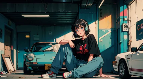 anime-style girl with short, wavy hair and large expressive eyes, wearing casual clothes and red headphones. she is sitting in f...