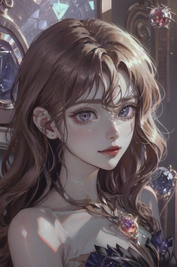 I'd like a headshot portrait of a Noble girl, around 21 years old, with ((rose gold wavy hair: 1.2)), ((Padparadscha sapphire doe eyes: 1.6)), and ((porcelain skin: 1.0)). , cute and delicate appearance with an elegance on it. The portrait should be in a semi-realistic style, resembling an oil painting. She should have a gentle smile and posting and looking full frontal. The portrait should be framed in an ornate, gold-colored wooden frame with intricate carvings. The frame is rectangular. It should be in a manhwa historical romance fashion.