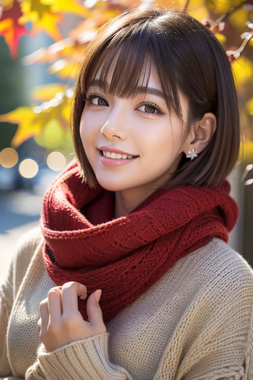 (RAW Photos), Thick white sweater、Red scarf on neck、Long eyelashes、Round eyes、Cheek on ear、correct、make、smile、Put your mouth in、(Wink)、Soft lips、誘惑的なsmile、Sparkle、Light red、Cheek on nose、(Autumn leaves)、Watery eyes、Blonde Hair、Gray Hair、Messy Hair、Hair behind the ear、Floating Hair、short hair、Boyish hair、Blunt bangs、Surrealism、Drop Shadow、Anaglyph、Stereogram、ass pov、Atmospheric Perspective、Hyperrealism、Contemporary Art、shine、reflected light、Nikon、Ultra Wide Angle、16K、Super detailed、最high quality、uhd、Anatomically correct、Awards、最high quality、Ultra high detail、high quality、High resolution、Textured skin、correct、masterpiece