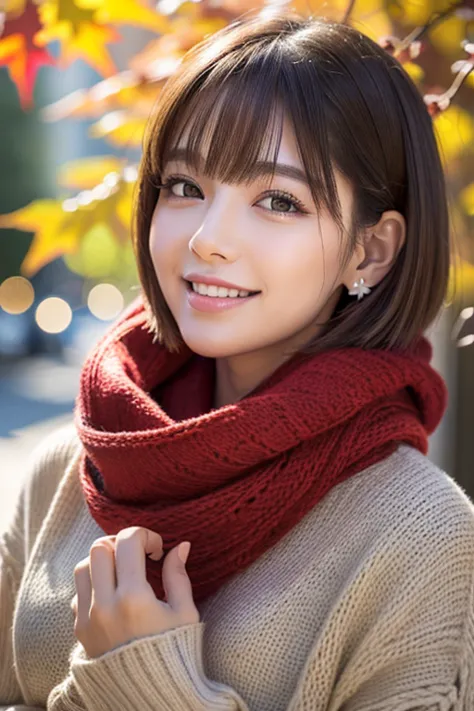 (raw photos), thick white sweater、red scarf on neck、long eyelashes、round eyes、cheek on ear、correct、make、smile、put your mouth in、...