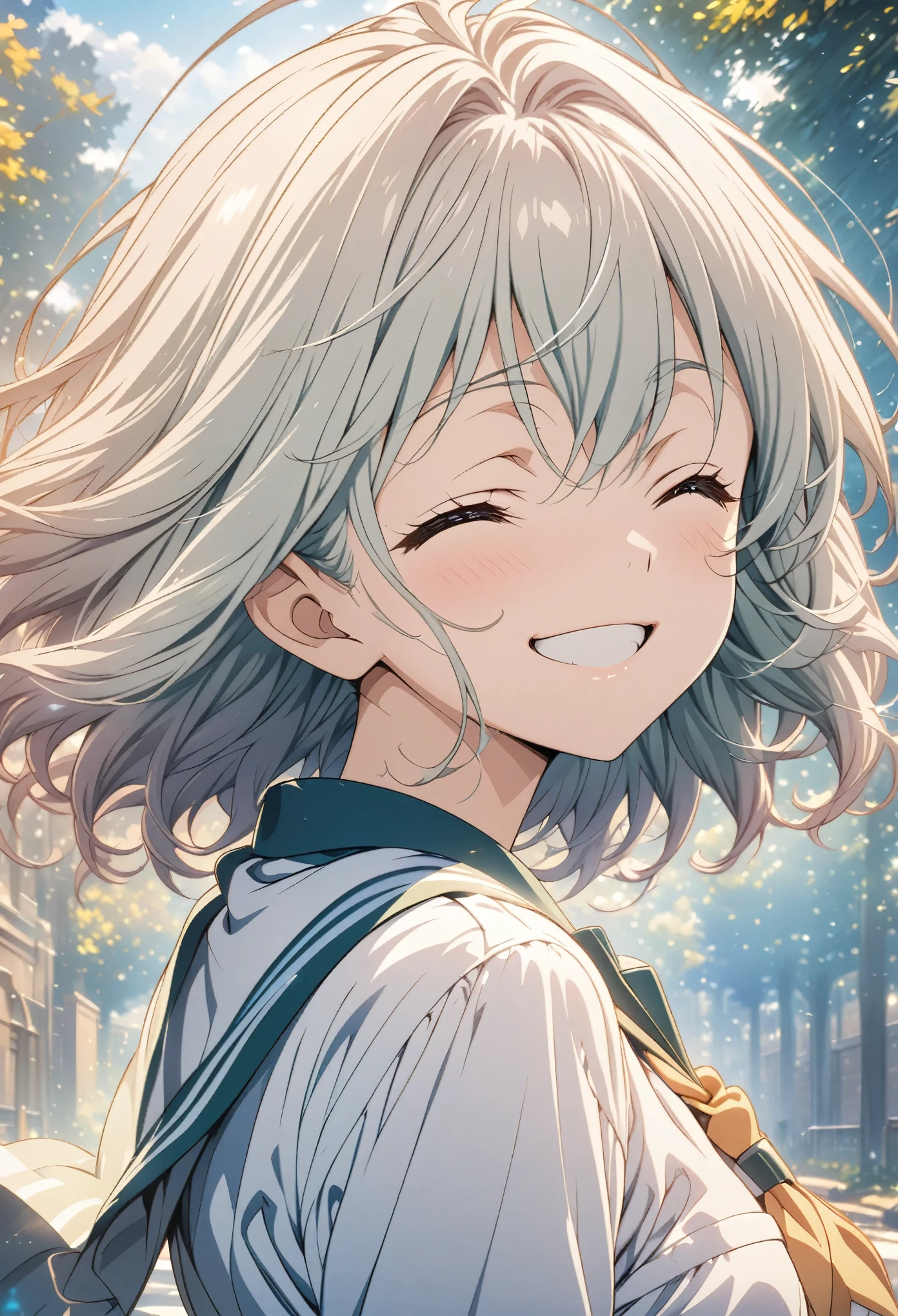 masterpiece, Highest quality, Highly detailed CG Unity 8K wallpapers, High School Girl Anime Illustration. Wearing a uniform、she has her eyes closed and mouth open, smile. The background is a light pastel colored landscape