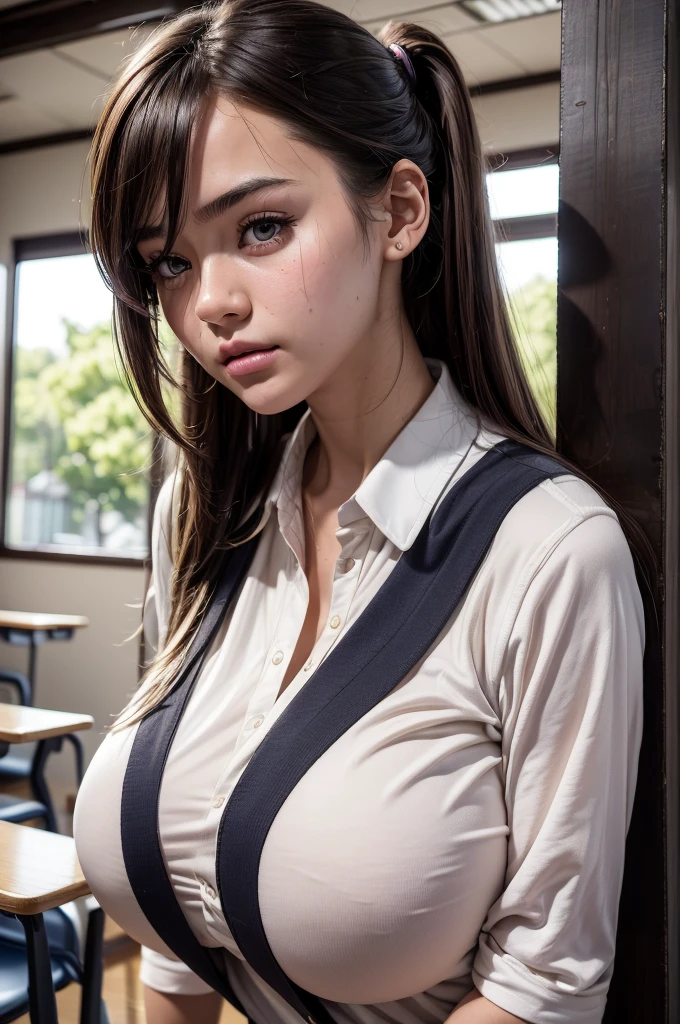 (RAW photo: 1.2), (photorealism: 1.4), top quality, beautiful detailed girl, huge file size, high resolution, 8k wallpaper, fine detail, highly detailed ticker uniform 8k wallpaper, hyper realistic, super detail, masterpiece, 16 year old girl, very detailed eyes and face, beautiful detailed eyes, light on face, movie lighting, sexy pose, varied pose, brown ponytail hair, beautiful gigantic breast, school PA uniform, ((school PA uniform in school gym)), standing, shot from below, school gym, rainy days, dark sky, ((she is sweating))