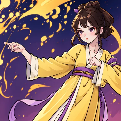 1 girl, purple eyes,( Best Quality, ancient china), pastel yellow long hanfu with touches of bright yellow, long brown hair

