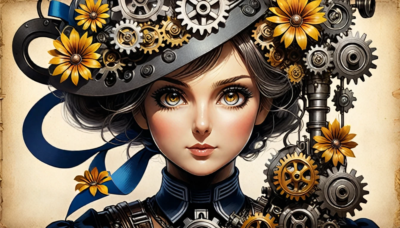 a detailed realistic lithographic sketch portrait of a woman, flowers, [gears], pipes, dieselpunk, colorful ribbons, old paper texture, extremely detailed, (best quality,4k,8k,highres,masterpiece:1.2),ultra-detailed,(realistic,photorealistic,photo-realistic:1.37),intricate,sharp focus,vivid colors,warm lighting,chiaroscuro,dramatic shadows