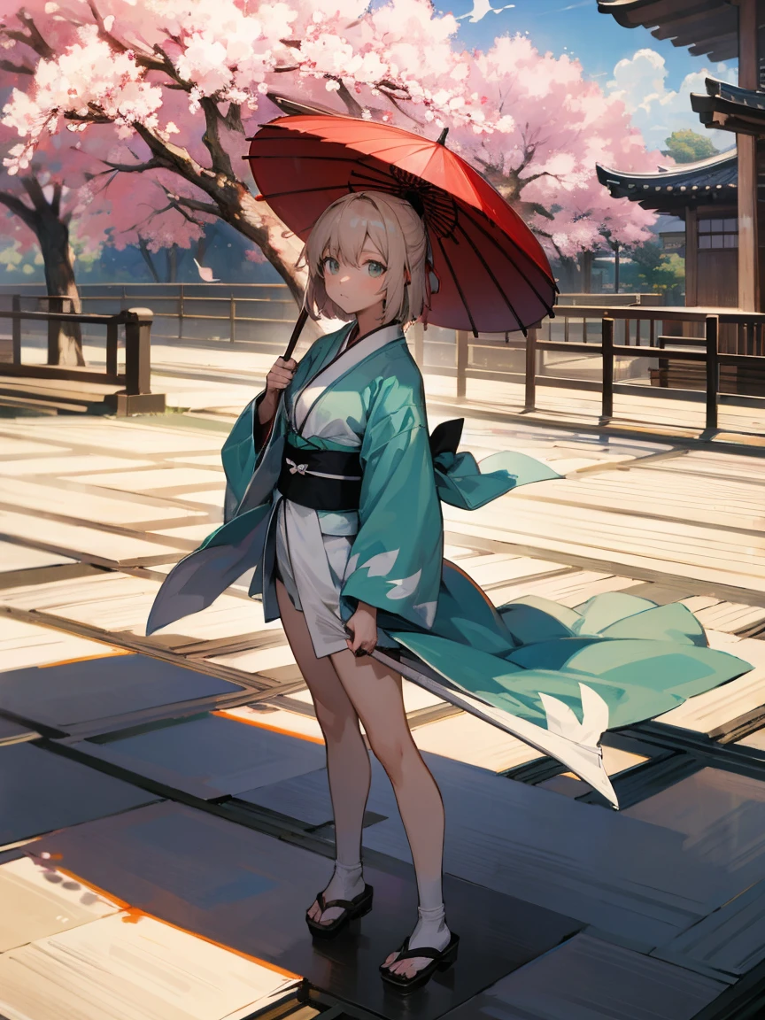 {Extremely detailed 8K wallpaper}, {Masterpiece}, {Best Quality}，Alone，full body shot，Okita Souji，short hair, kimono，Haori Cerezo, cherry tree