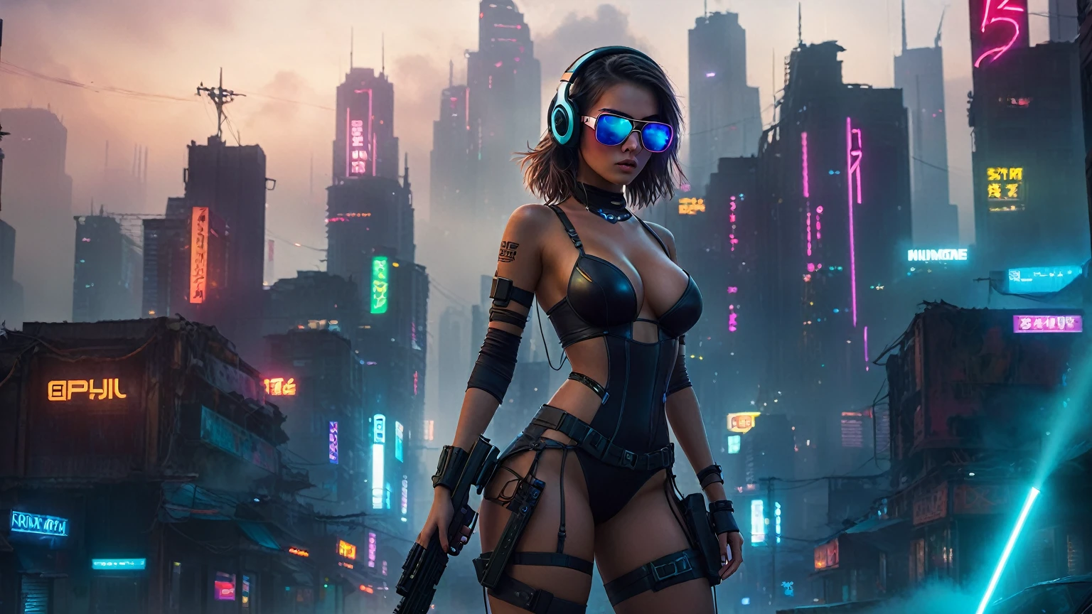 dark futuristic landscape, at night, neon lights, Atmospheric fog, large buildings in the background, futuristic city, streets with open shops, skyscraper (postapocalyptic city:1.3). (((1girl, solo, alone))), large-breast:1.2 slim body, cleavage:1.1, sexy miniskirt, (((headphone, black sunglasses, standing and holding pistol pose))), (((half-body thigh level medium shot))), cinematic lighting, lens flare, ray tracing.