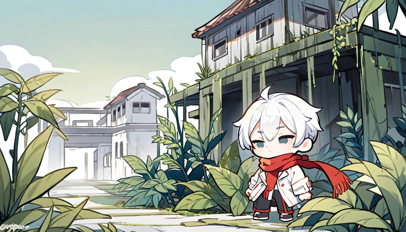 1chibi guy white hair short, wearing red scarf and shirt with white jacket, simple apocalypse background , abandoned buildings , overgrown plants