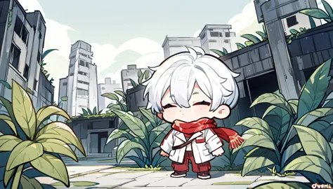 1chibi guy white hair short, wearing red scarf and shirt with white jacket, simple apocalypse background , abandoned buildings ,...